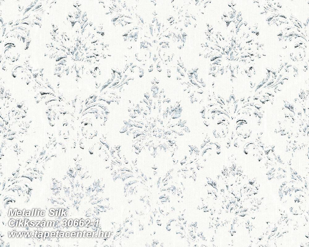 Barokk-klasszikus,csillámos,különleges felületű,különleges motívumos,valódi textil,ezüst,fehér,kék,vlies tapéta 